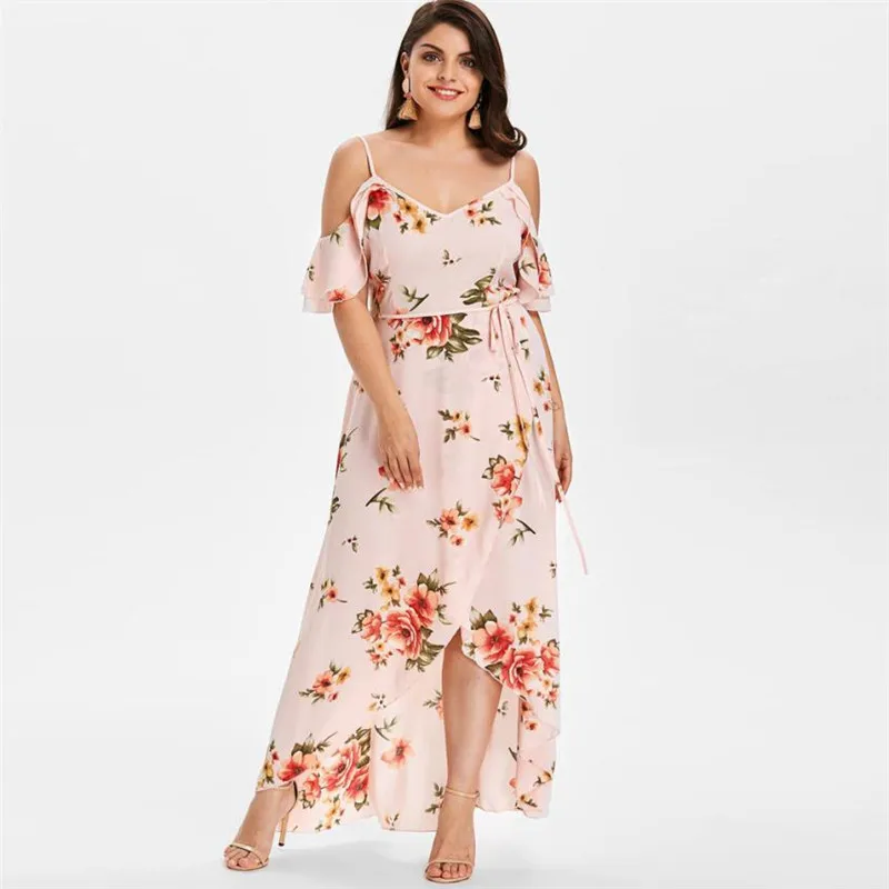 Vestido verano, Женское Платье макси с коротким рукавом и открытыми плечами, летнее платье больших размеров с цветочным принтом, сексуальное длинное платье - Цвет: Розовый