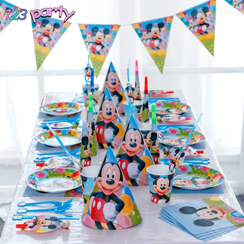 

123 party Children's birthday party decorations blue Mickey disposable tableware paper plates straws baby shower party supplies