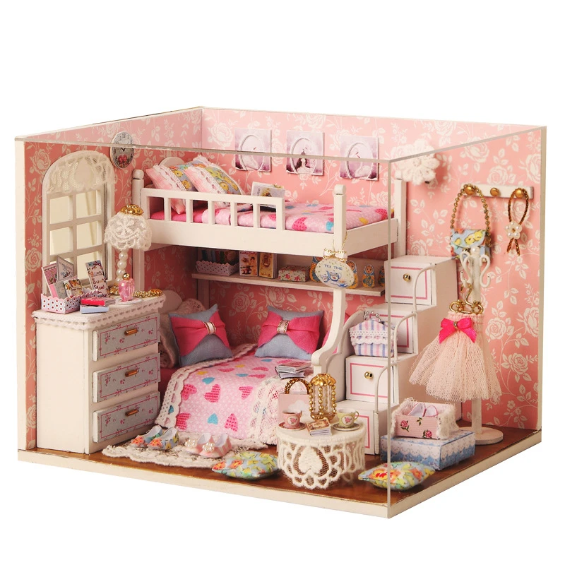 

DIY Handmade Dollhouse Wooden Doll House Miniature Pink Dream Dollhouses Kit Music Box Toys For Girls Xmas Gifts