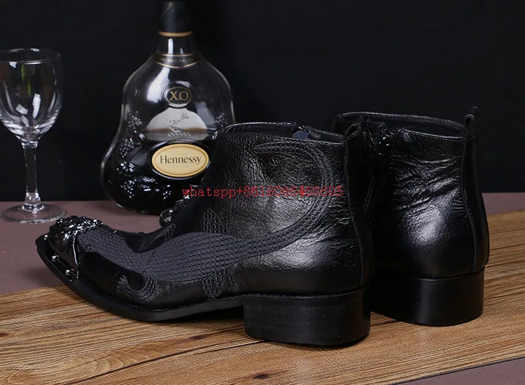 Ботинки в европейском стиле на высоком каблуке с металлическим носком; Botas Masculina; черные кожаные Мужские модельные ботинки с боковой молнией в стиле панк-рок