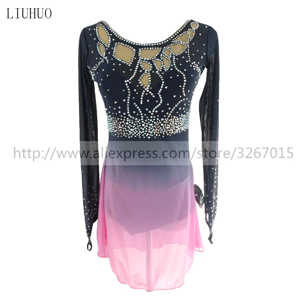  Figure Skating Dress Women's Girls' Ice Skating Dress Roller skating Competition Round neck long sleeve Dark gray light pink 