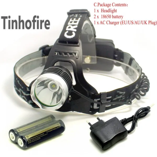 Tinhofire K11 CREE XM-L XML T6 светодиодный 2000LM 3 режима налобный фонарь головной светильник Головной фонарь вспышка светильник+ 2x перезаряжаемая батарея - Испускаемый цвет: Package C