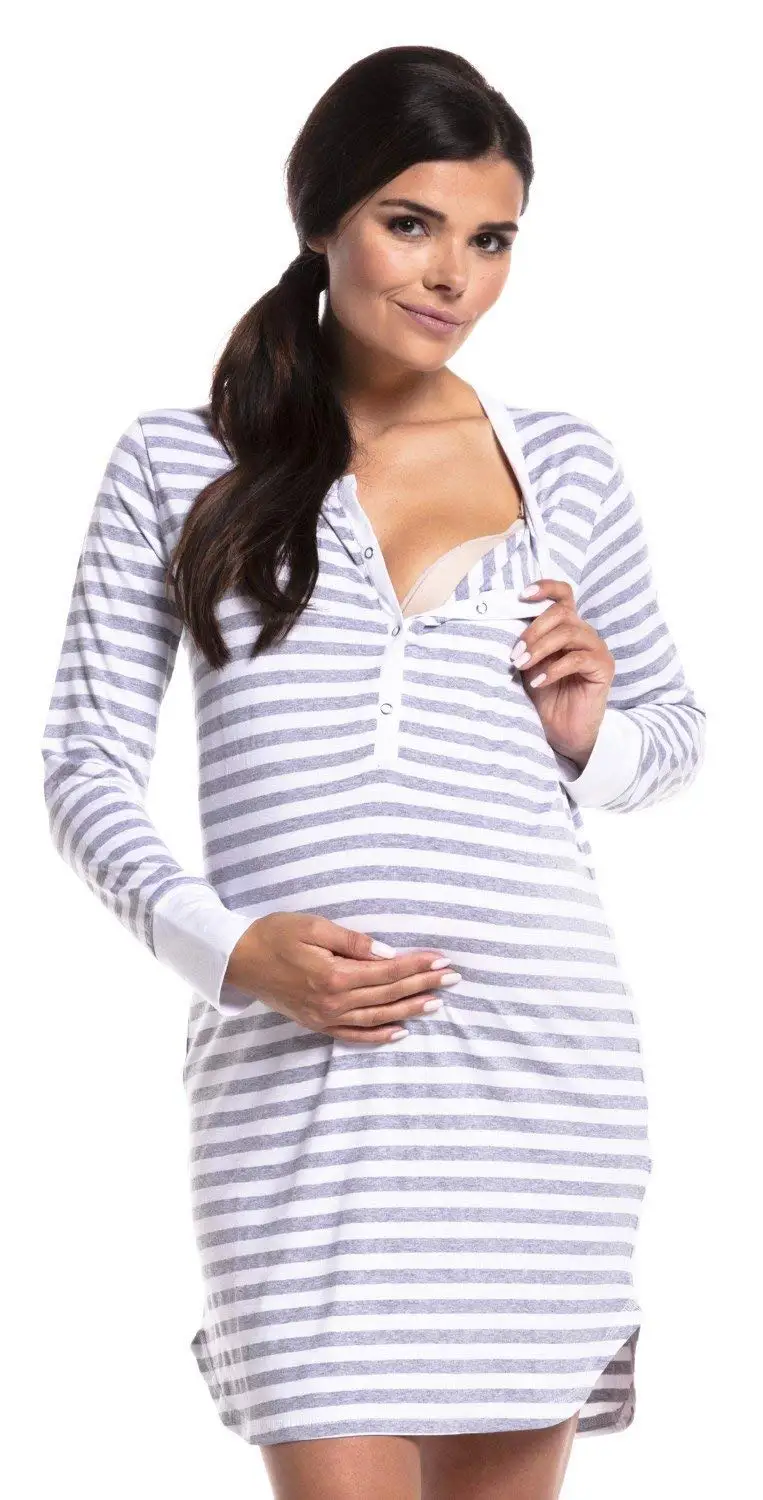 Striped Maternity Robe Pregnant Long Sleeve Labor Delivery Nursing Hospital Gowns Nursing Nightgown for Breastfeeding Sleepwear