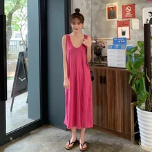 Women's Dress Casual Long Maxi Dress 2019 Summer V-neck Solid Color Sleeveless Vest Dresses