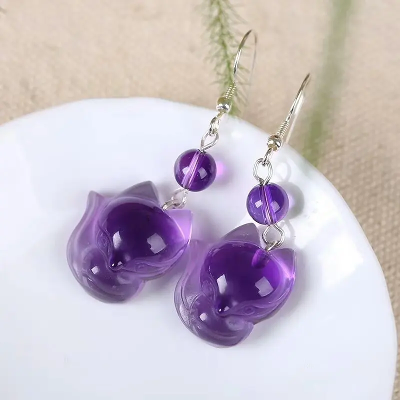 

a pair natural amethyst quartz fox carving crystal pendant