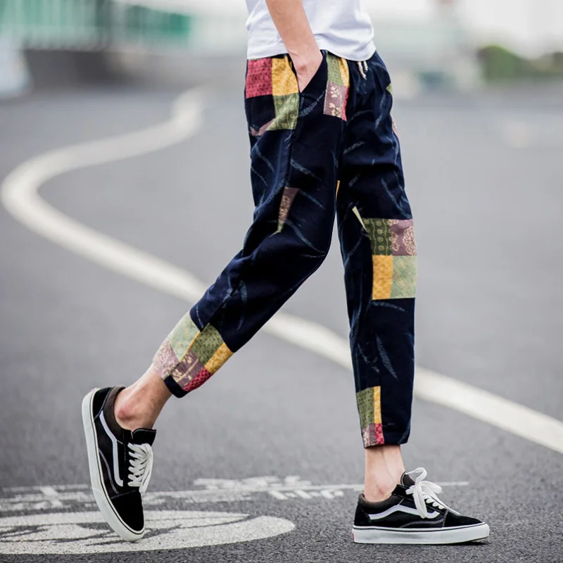 

Men's Pants 2019 Summer Casual Trousers Pacthwork Joggers Drawstring Ankle Length OverSize 5XL Loose Male Harem Pants Men