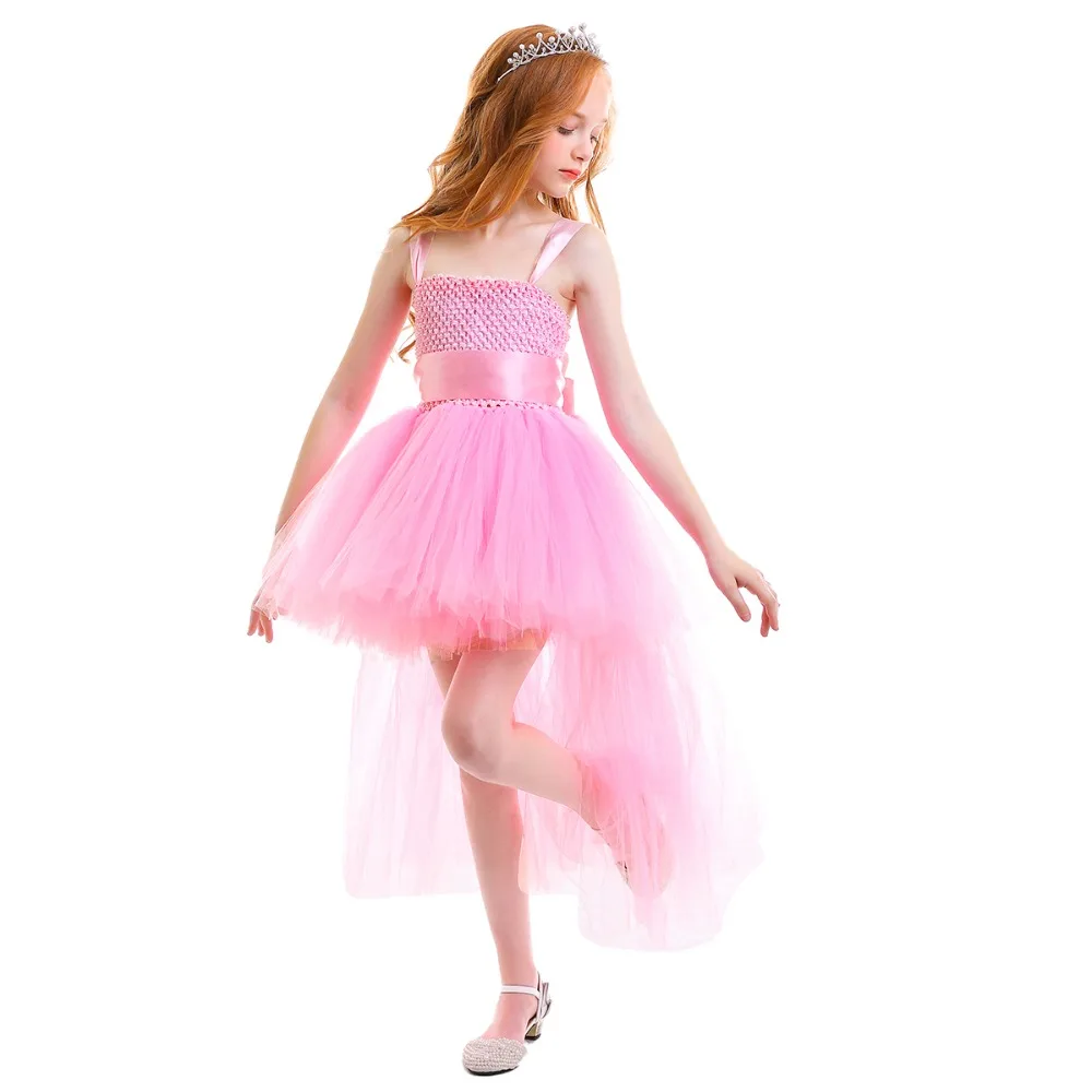

2019 children Flower Girl Dress Performance High Low Hem Tulle Tutu Princess Dress Cute Wedding Birthday Party Dresses for Girls