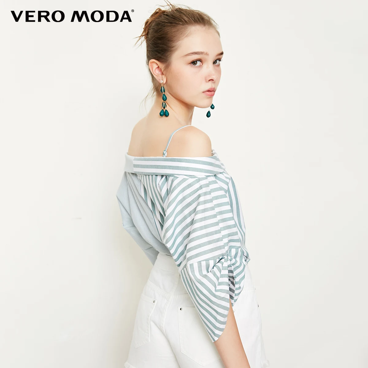  Vero Moda New Women's Stripe Splice Turn-down Collar 3/4 Sleeves Blouse Shirt  318331549