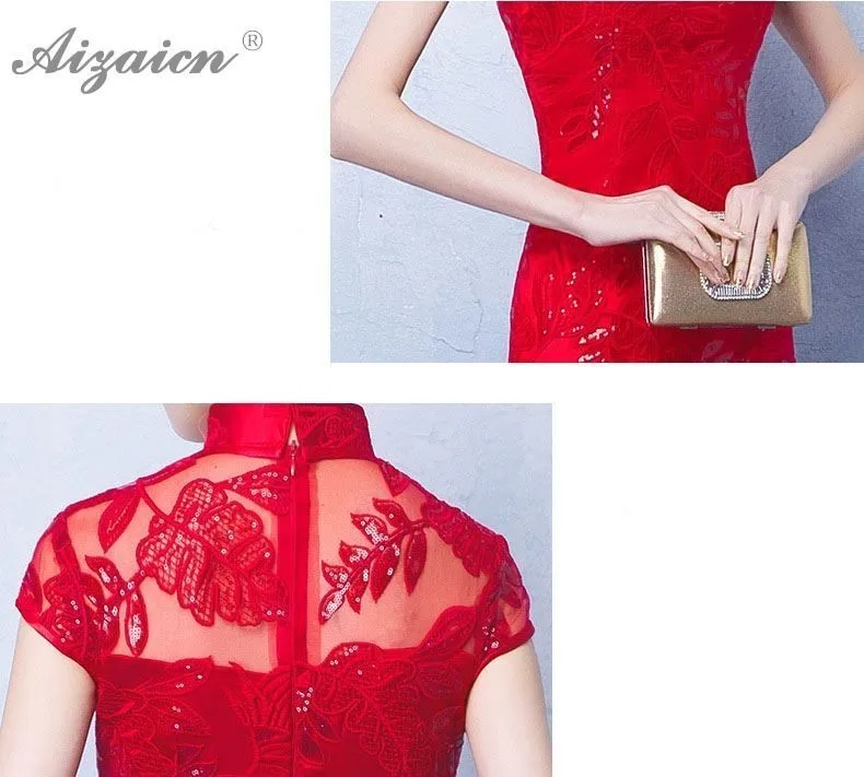 De color rojo sirena novia largo Cheongsam las mujeres chino tradicional boda Vestido Qipao Восточный de moda vestido de fiesta