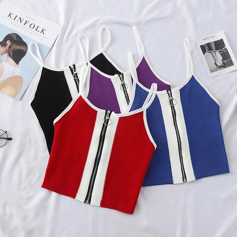 

2019 Summer Women Tank Tops Club Sexy Knitting Crop Tops Cotton Camisole Ladies Zippper Camisole Spaghetti Tank Top Women G594