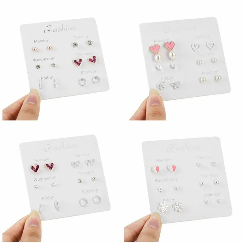 

One Week Earring Set Fashion Simple Crystal Heart Stud Earrings For Women 6 Pairs/set Mini Brincos Valentine's Day Gift
