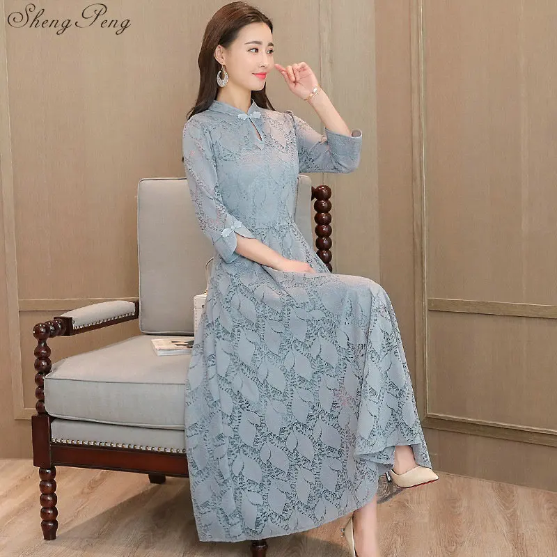 Кружева Тонкий Qipao длинные китайский вечернее платье элегантные Для женщин нарядные платья для свадьбы Лето Cheongsam Винтаж Q315