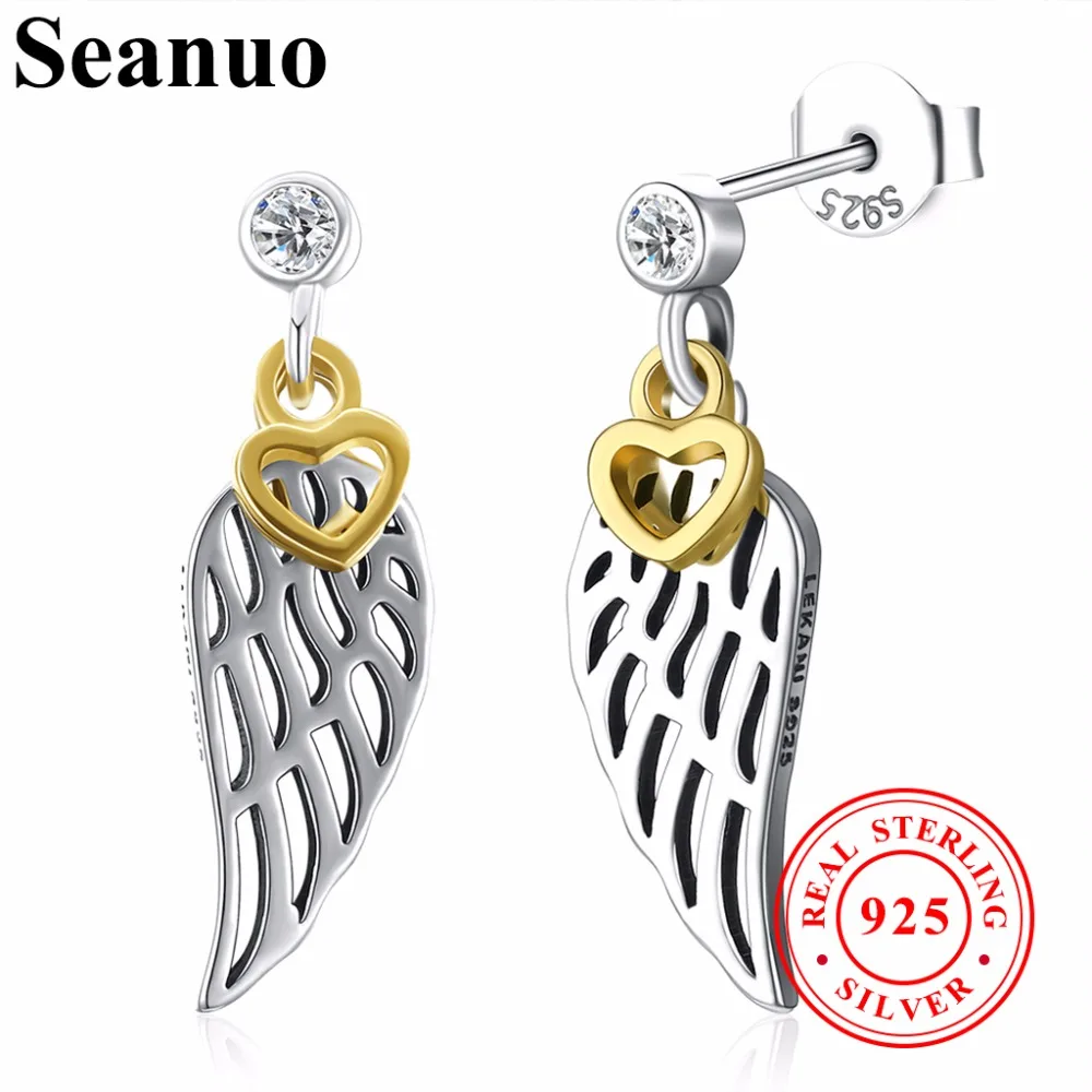 

Seanuo 2018 Genuine 100% Sterling Silver Golden Heart & Feather Women Drop Earrings Jewelry Fashion Female Wedding Angel Earring