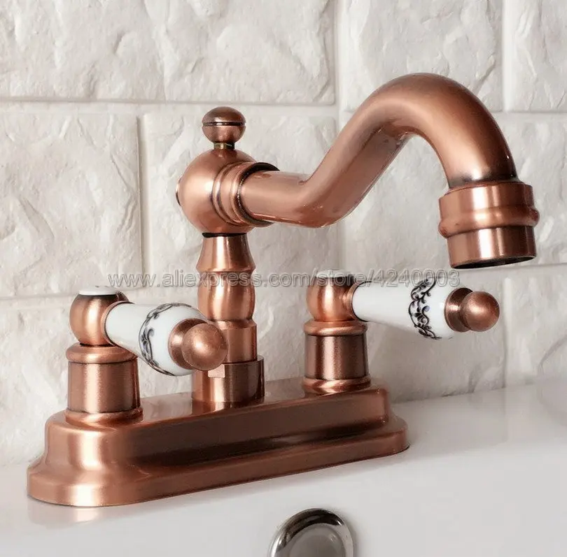 

Antique Red Copper Deck Mounted 4" Centerset 2 Hole Bathroom Basin Faucet Swivel Spout Hot and Cold Sink Mixer Water Taps Krg046