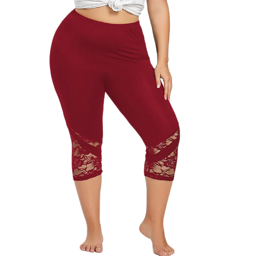 

Large Size Womens Sporting Leggings Solid Balck Gray With Lace Patchwork Elastic Waist Mid Calf Length Skinny Panties Leggins