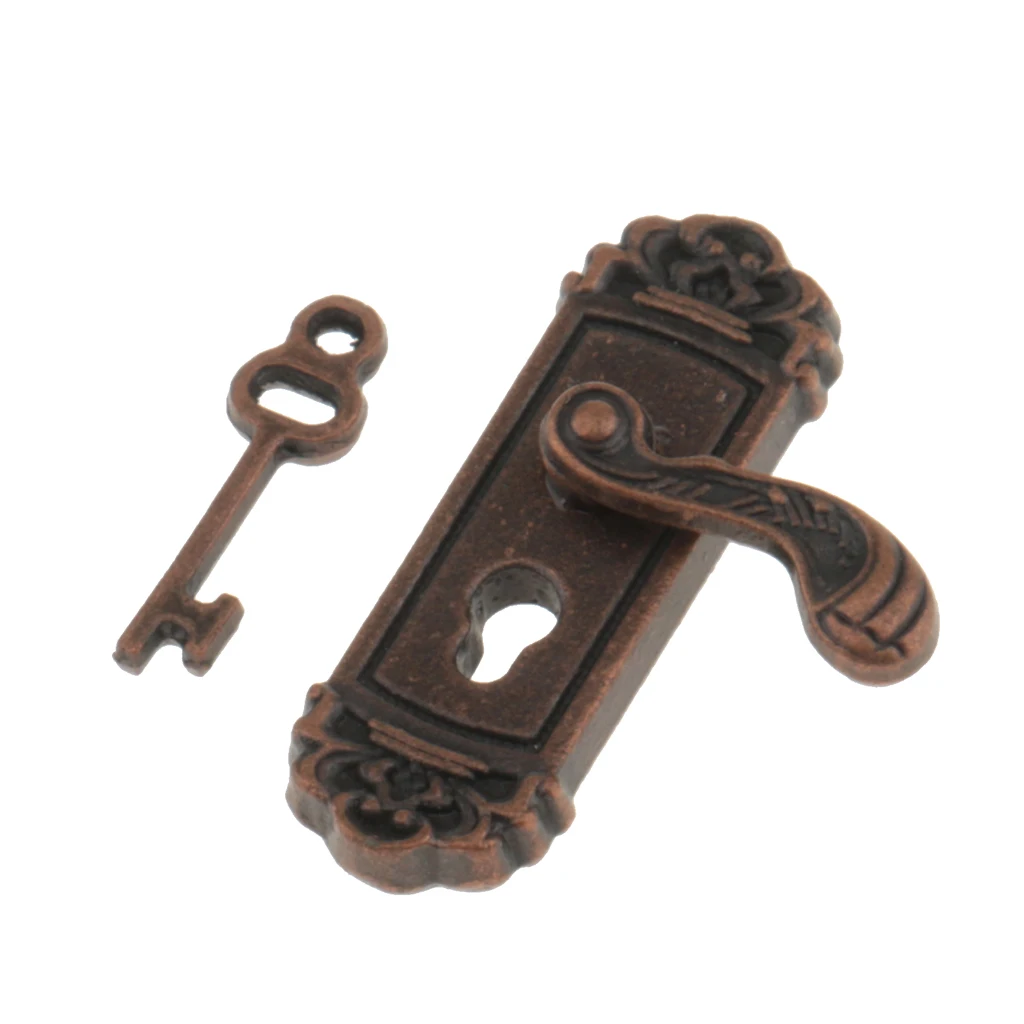 4PCS 1:12 Scale Vintage Metal Door Knob Plate Keys Dollhouse Miniature Right Handle 