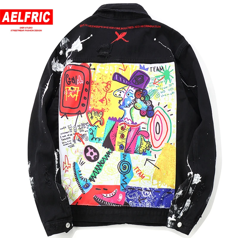 

AELFRIC Mens Jeans Jackets Hip Hop Streetwear Graffiti Painted Overcoat Ripped Denim Jean Windbreaker Casual Street Wear KJ156