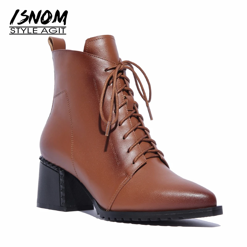ISNOM 2018 New High Heels Women Ankle Boots Lace Up Boot Pointed Toe Rivet Ladies Shoes Autumn Zip Rubber Footwear Big Size 42