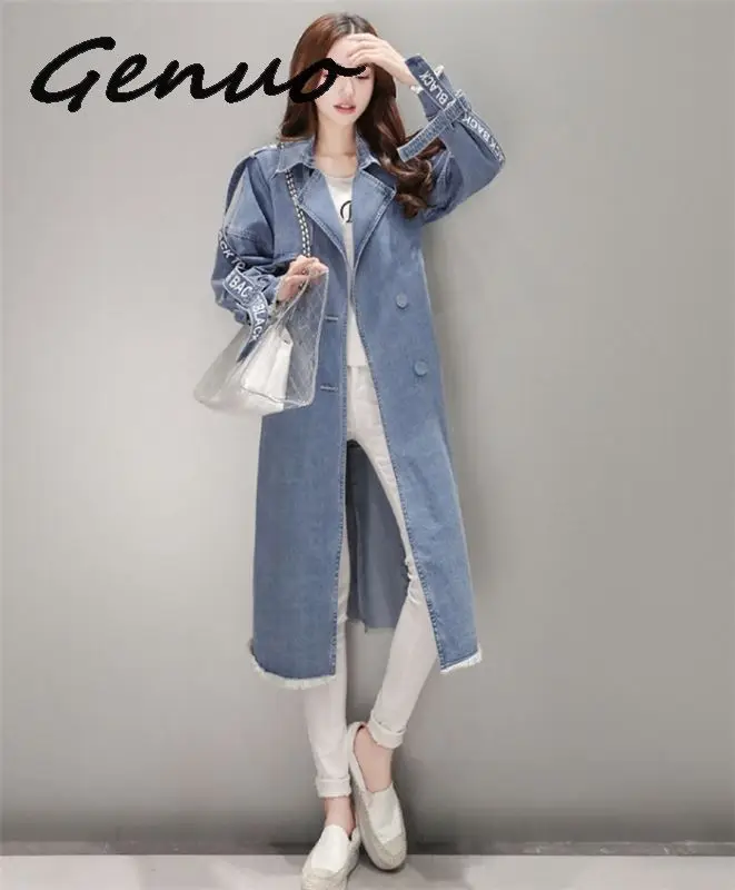 Women's Trench Coat spring Waist Denim Windbreaker Fashion Full Sleeve Outwear Printed Female Long Denim Coat Loose Big Size