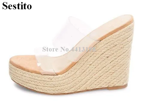 

European New Design PVC Elegant Party Sandals High Platform Peep Toe Sand drag Wedges Heels Women Sandals Solid Women Shoes
