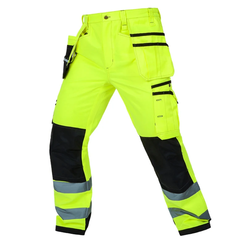 Светоотражающие мужские рабочие штаны Флюоресцентный светоотражающий желтый мульти-карманы рабочие брюки с наколенниками Спецодежда Брюки карго
