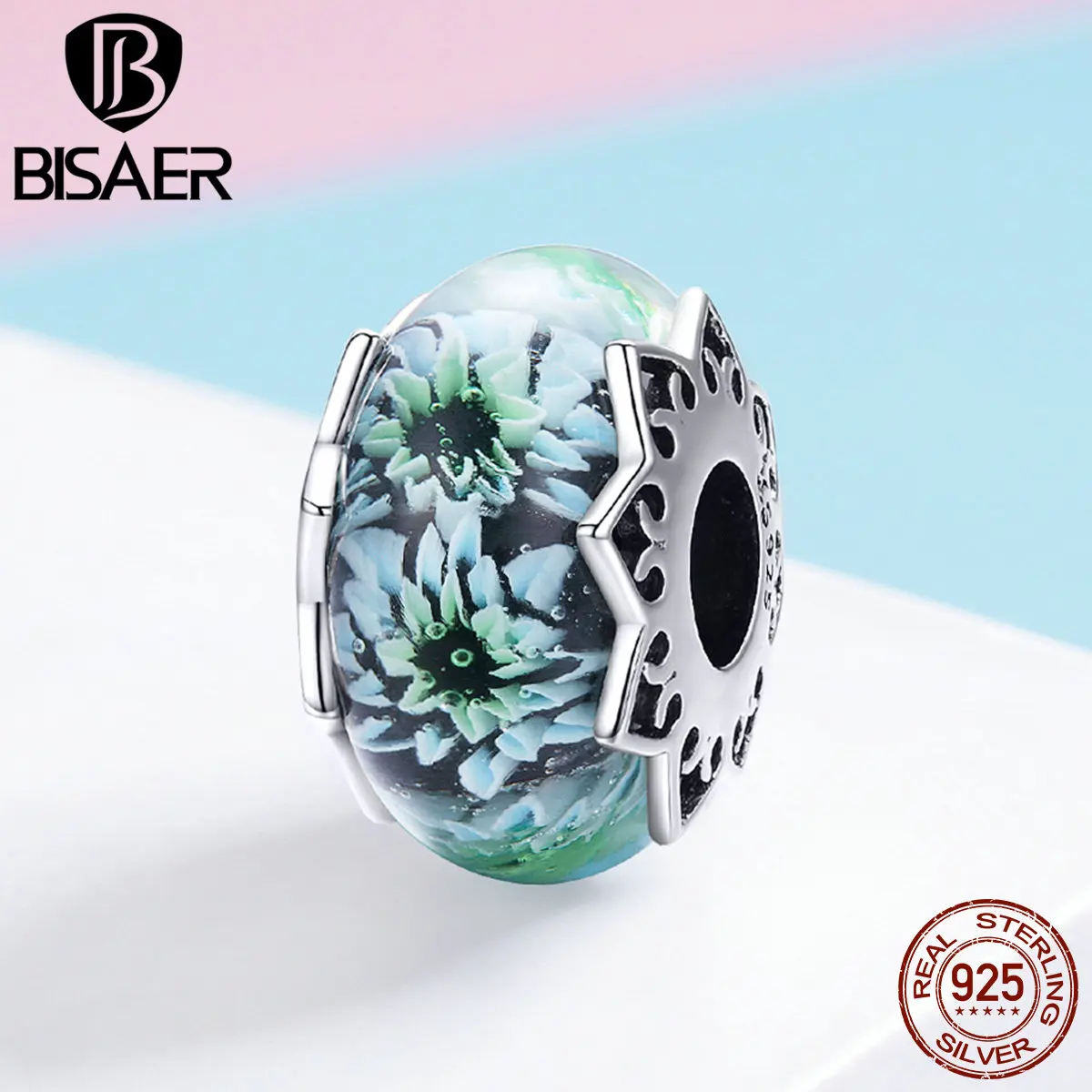 

BISAER High Quality 925 Sterling Silver Cyan Flower European Glass Beads Perles fit Charms Bracelets DIY Jewelry Making ECC1011