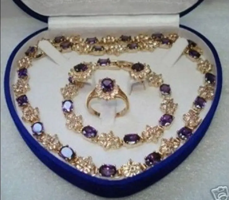 

FREE SHIPPING18K GP Amethyst Earring Bracelet Necklace Ring Set