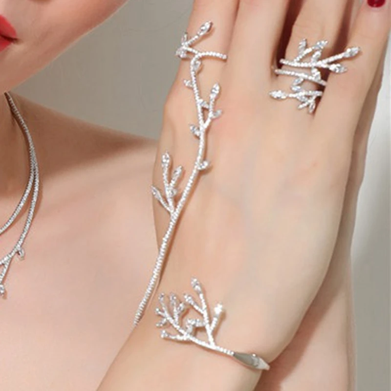 

Luxury Zircon Leaf Branches Palm Bangle Link Finger Ring 925 Sterling Silver One Piece Jewelry Set Women Wedding Jewelry
