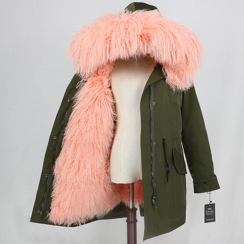 green pink Натуральная монгольская овечья шуба Женская длинная парка зимняя куртка съемная водонепроницаемая верхняя одежда роскошный бренд уличная одежда - Цвет: green pink