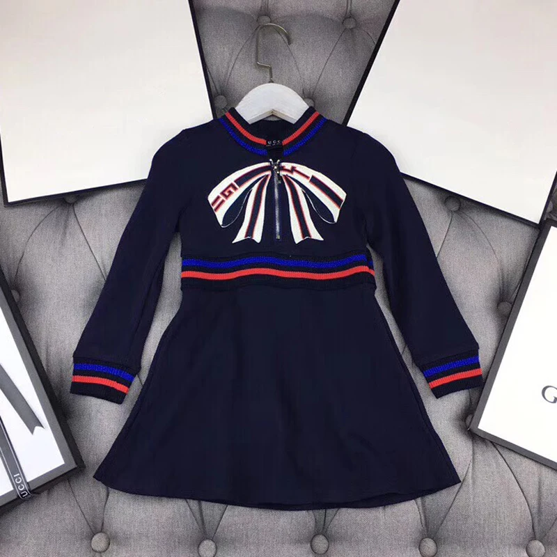 

Fashion luxury brand designer style girl dress 3 years A-line full Sleeve Bow Embroidery children princess dresses for girls