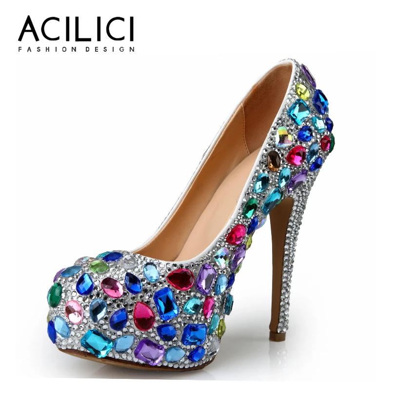 

Wedding Shoes Evening Party Round Toe Elegant Crystal High Heel High Heel Women Pumps 14cm Bling Bling Lady High Heels