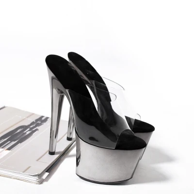 Gray 17cm Heel Шлепанцы на высоком каблуке, женская летняя обувь, пикантные туфли без задника на каблуке 15 см, модная Раскрашенная обувь, блестящая обувь Fenty beauty, шлепанцы с розами, обувь для вечеринок - Цвет: Gray 17cm Heel
