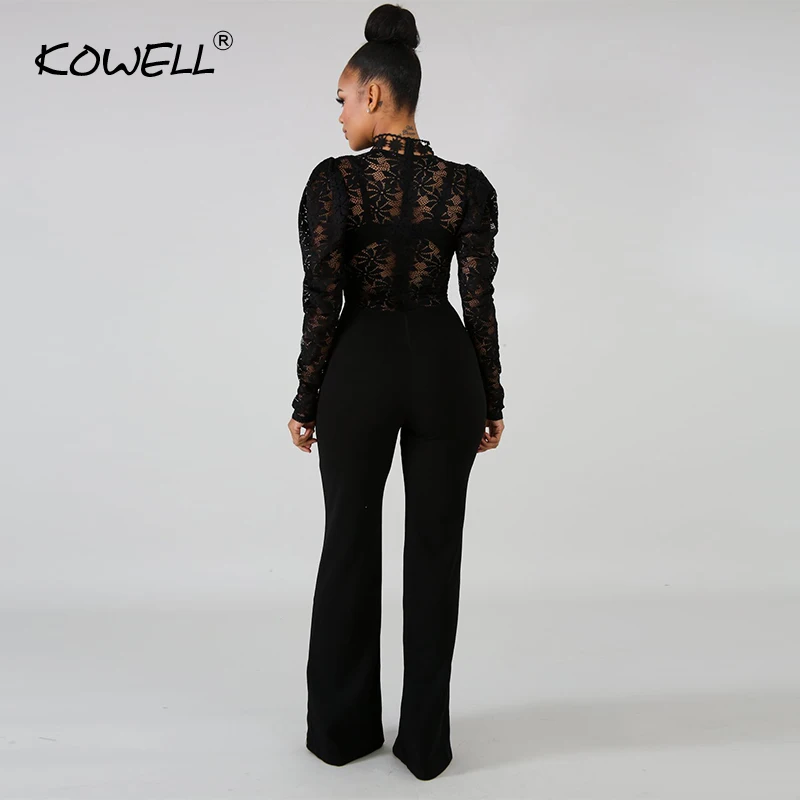 Women Stand Neck Lace Jumpsuits Long Sleeve Jumper Night Club Rompers Womens Jumpsuit Sexy Perspective Wide Leg Female Overalls