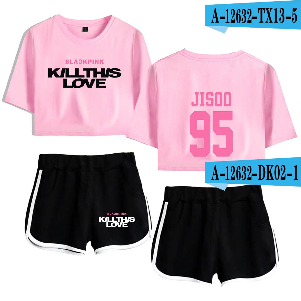Blackpink Kill This Love комплект из двух предметов женская модная летняя одежда для женщин Мини Сексуальная футболка комплект из двух предметов топ+ укороченные штаны - Цвет: Бирюзовый