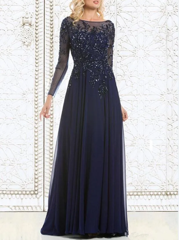 

2019 Top Selling Elegant Navy Blue Mother of The Bride Dresses Chiffon See-Through Long Sleeve Sheer Neck Appliques Sequins