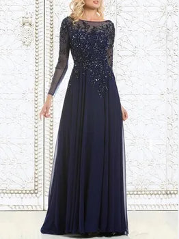 

2019 Top Selling Elegant Navy Blue Mother of The Bride Dresses Chiffon See-Through Long Sleeve Sheer Neck Appliques Sequins