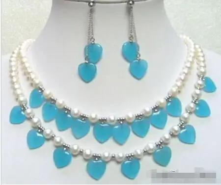 

Hot sale new Style >>>>>Real White Pearl Sky-blue Jade Heart 18KWGP Clasp Pendant Necklace Earrings Set