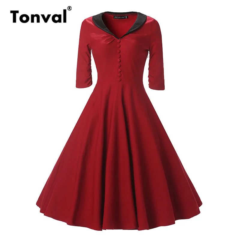 Tonval Rockabilly Dress Women Autumn Half Sleeve Button Dresses Turn-down Collar Vintage Style 50s Dress