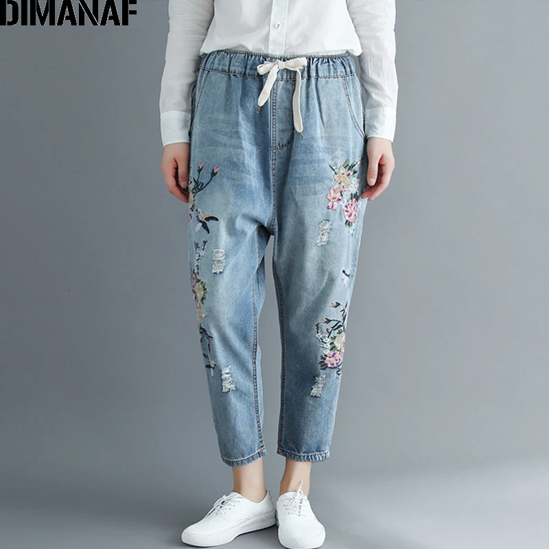 

DIMANAF Women Jeans Long Pants Female Trousers Denim Vintage Hole Embroidery Floral Elastic Waist Autumn Loose Plus Size M-3XL