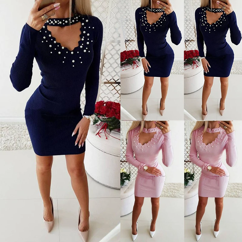 Women Pearl Beading V-Neck Party Dress Woman Slim Bodycon Long Sleeve Sweater Dresses Female Autumn Long Sleeve Knitted Vestidos