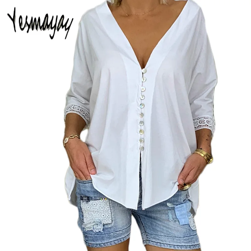 

Black White Summer Blouse Women Lace Patchwork Shirt Top Femme Sexy Womens Tops And Blouses Plus Size V-neck Blusas Mujer 2019