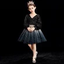 Розничная, нарядное платье для девочек Детские платья принцессы для девочек, платье для выступлений с длинными рукавами и блестками черного цвета и цвета шампанского детская одежда, E92458