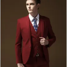 Красивый бордовый выпускников человек костюм Slim Fit пиджак жениха Смокинги для женихов комплект из 3 предметов Свадьба Пром Костюмы(куртка+ Брюки для девочек+ жилет