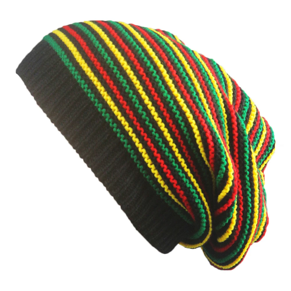 

Harajuku Women Rainbow Stripe Wool Hat Jamaican Pom Slouch Baggy Beanie Stripe Brim Autumn Winter Warmer Visor Stripe Cap Unisex