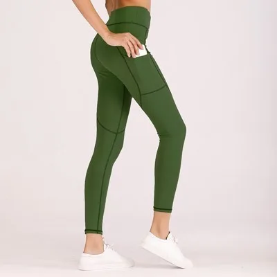 Однотонные спортивные штаны для йоги с карманами, женские спортивные Леггинсы для фитнеса, Леггинсы для йоги с высокой талией, штаны для бега и бега, спортивная одежда - Цвет: Green Yoga Pants