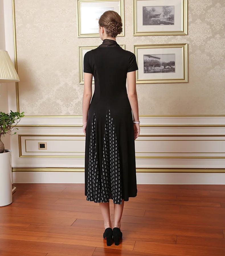 VOA тяжелое шелковое трикотажное платье размера плюс, однотонное черное Короткое женское длинное платье в горошек с коротким рукавом и высоким воротом, повседневное тонкое платье, весна A7651