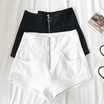 

Summer Solid denim shorts for women Zip High Waist cotton hot shorts
