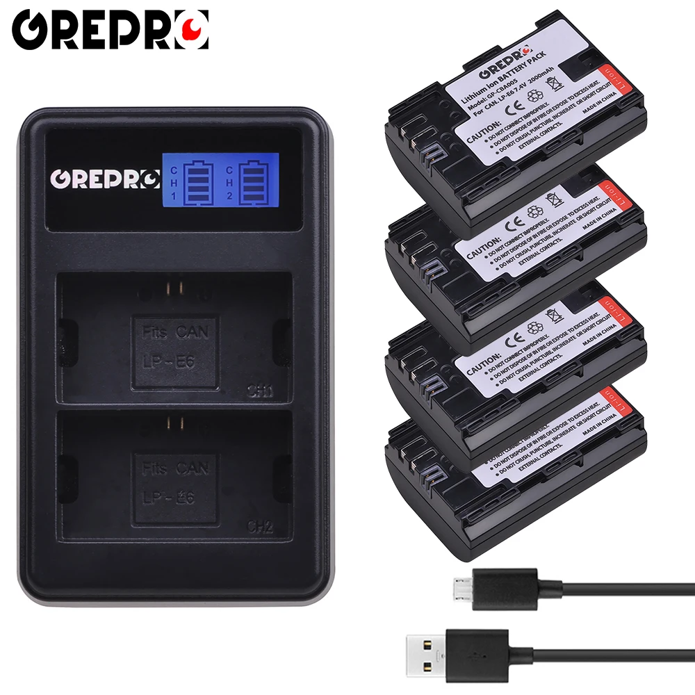 

GREPRO 4pcs LP E6 LPE6 LP-E6 E6N 2000mAh Camera Battery+LCD Charger for Canon EOS 5DS R 5D Mark II 5D Mark III 80D 7D 6D Bateria