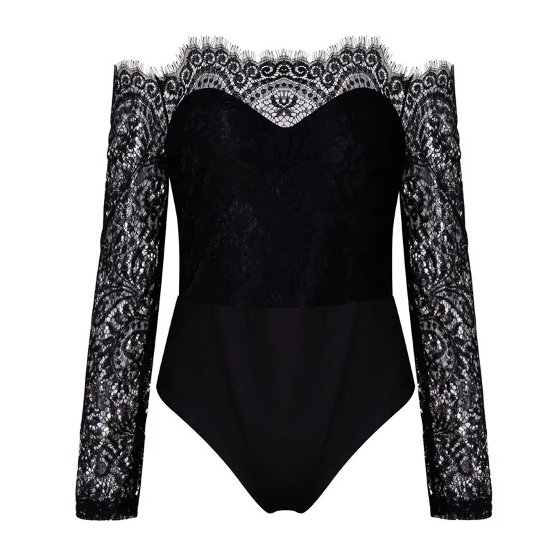 Women Sexy Casual Solid Cold Off Shoulder Lady Long Sleeve Lace Spilce Jumsuit macacao feminino combinaison R07 (2)