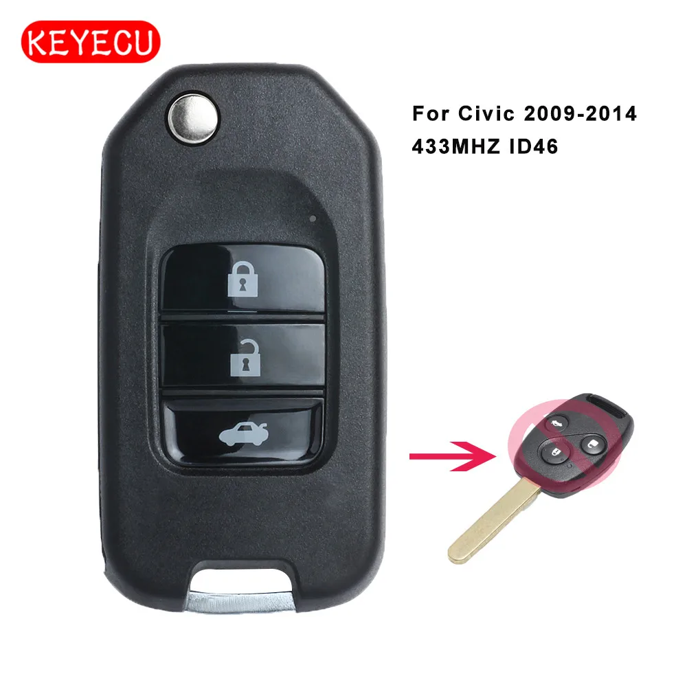 Обновленный флип-накопитель Keyecu с тремя кнопками 433 МГц ID46 для HONDA Civic 2009-2014 гг. |